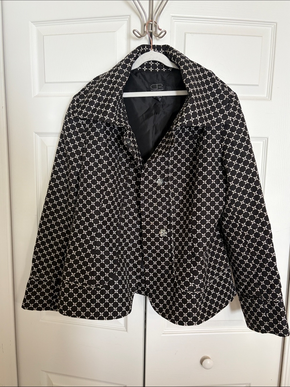 Women's Black & White Patterned Pea Coat - Tailored Double-Breasted Jacket